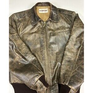 Vintage Sharper Image Leather Bomber Jacket Distressed Brown L Wool Lined Patina